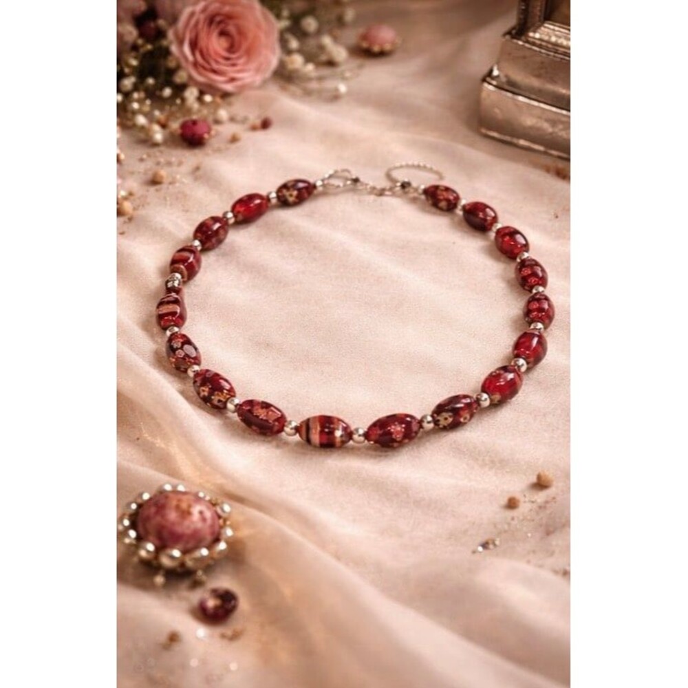 Burgundy Vintage Retro Necklace Italian Glass Beads With Silver Sterling Base
